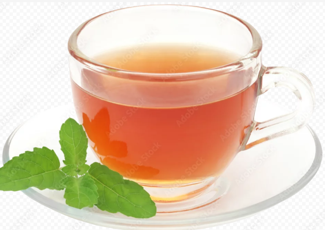 herbal tea in a cup with basal leaves