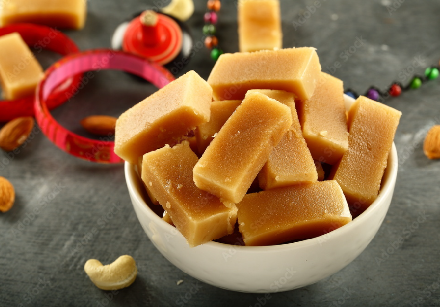 Delicious milk cake- Indian traditional sweets, desserts- Mysore pak.