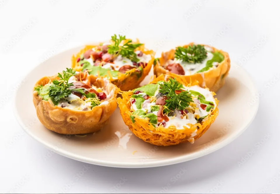 aloo tokri chaat or potato basket stuffed chat or katori chat