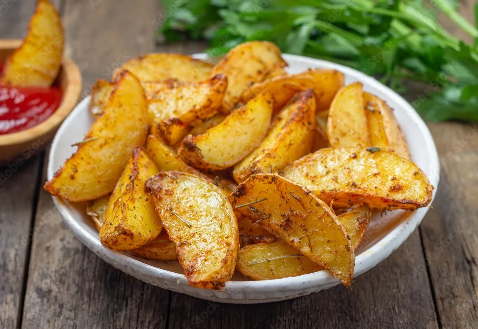 baked potato with spices, herbs and ketchup