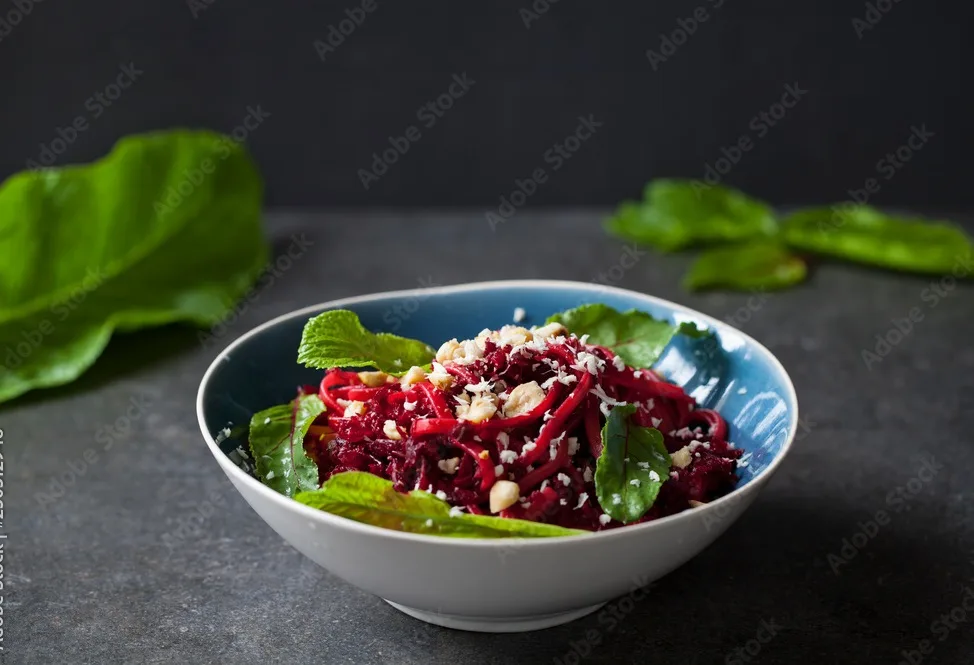 beetroot spaghetti with hazelnuts and horseradish