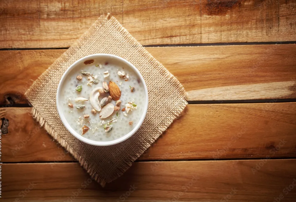 creamy sabudana kheer garnished with dry fruits. indian delicious dessert