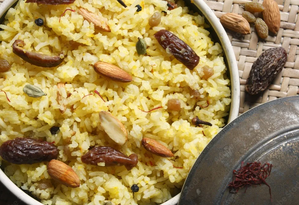 kashmiri modur pulao is sweetened rice dish