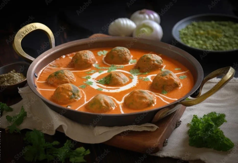 kathal kofta curry, traditional indian vegetarian dish with balls made of jackfruit and a rich tomato based gravy.