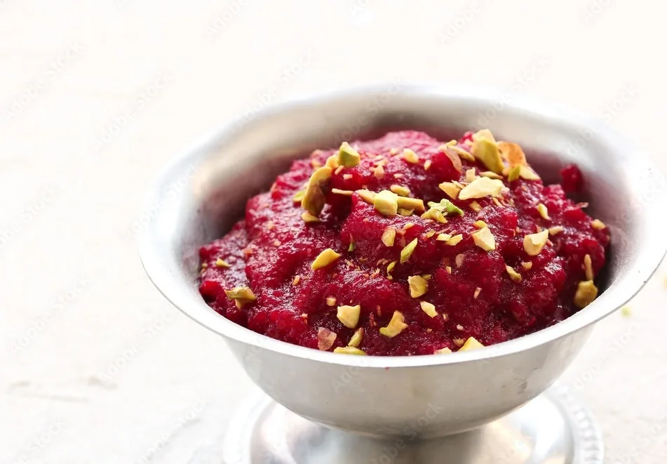 beetroot halwa with pistachio garnish