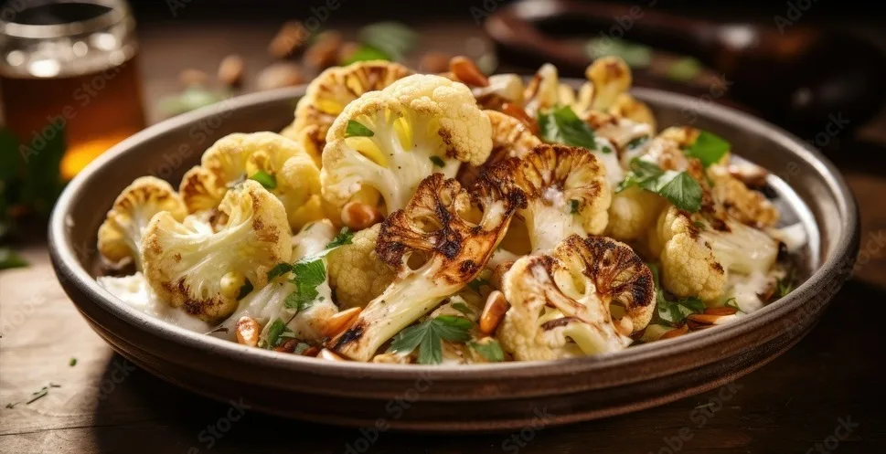 a cauliflower recipe showcasing roasted florets, drizzled with olive oil and sprinkled with herbs