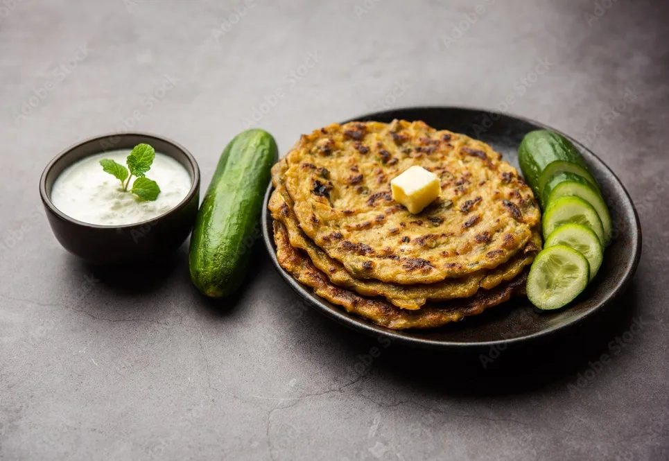 indian cucumber paratha also known as kheera parotta or kakdi thalipeeth, served with yogurt