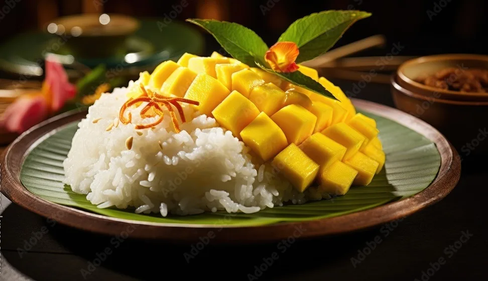 khao niew mamuang or thai mango sticky rice with coconut cream.