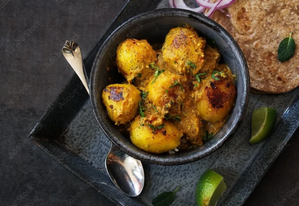 mughlai aloo indian dish using baby potatoes slow cooked in tomato onion spiced gravy