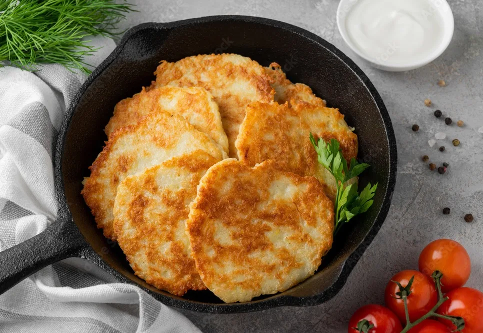 potato pancakes, latkes or draniki with fresh herbs and sour cream