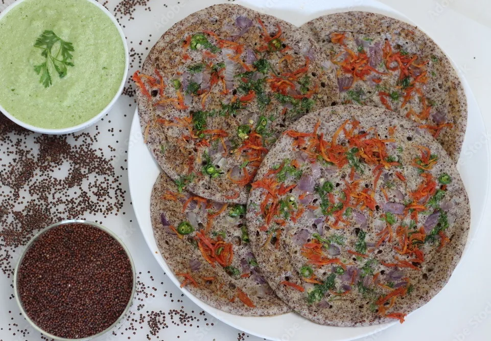 ragi dosa, finger millet dosa, pan cake of finger millet flour healthy home made breakfast dish