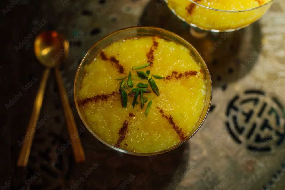 sholeh zard, a persian saffron rice pudding, dessert with pistachio and cinnamon garnish