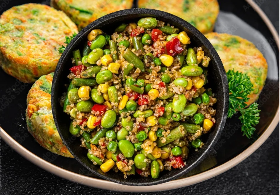 vegetarian fried quinoa salad with edamame, corn, carott, tomato, paprika, onions in a pan