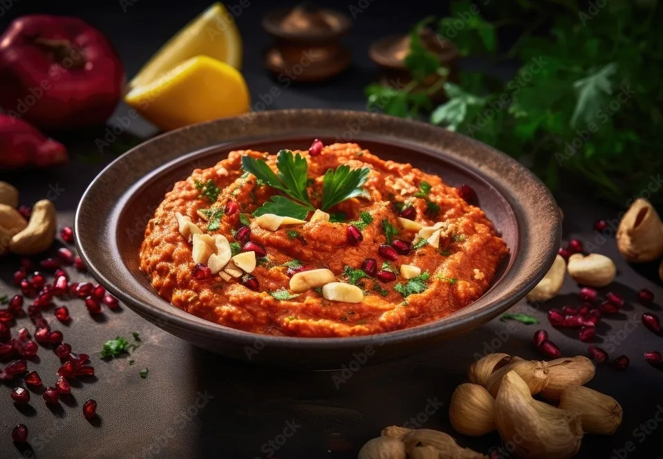 a bowl of hummus with cashews, nuts, and parsley.