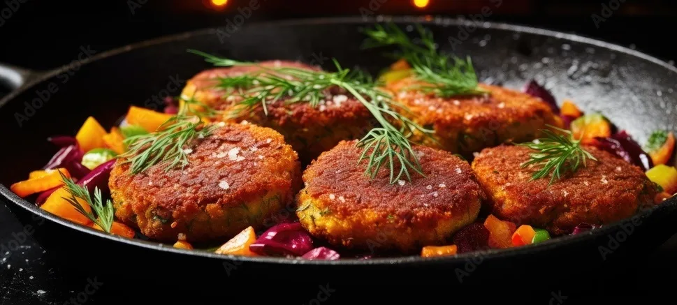 vegetarian cutlets made with beets wheat lentils carrots herbs and grated vegetables are fried on a pan