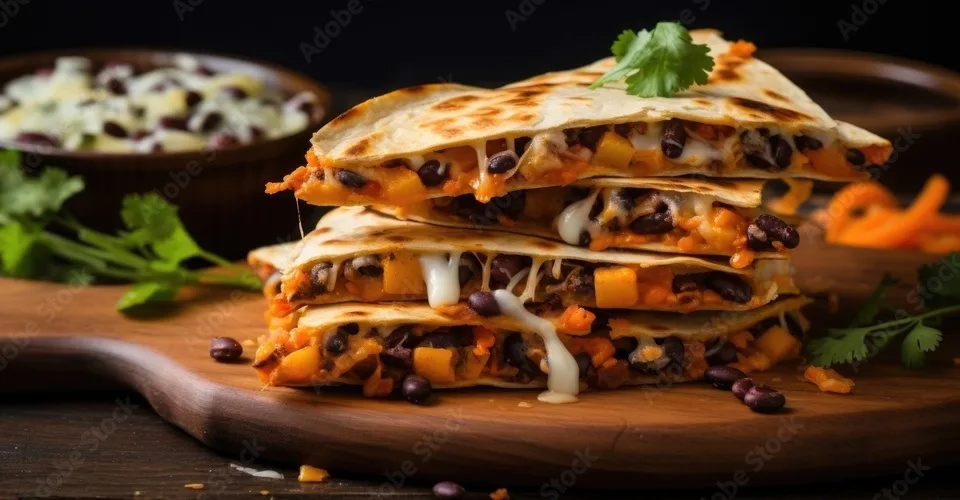 vegetarian sweet potato and black bean quesadilla filled with tender roasted sweet potatoes, hearty black beans, and a sprinkling of shredded cheese.