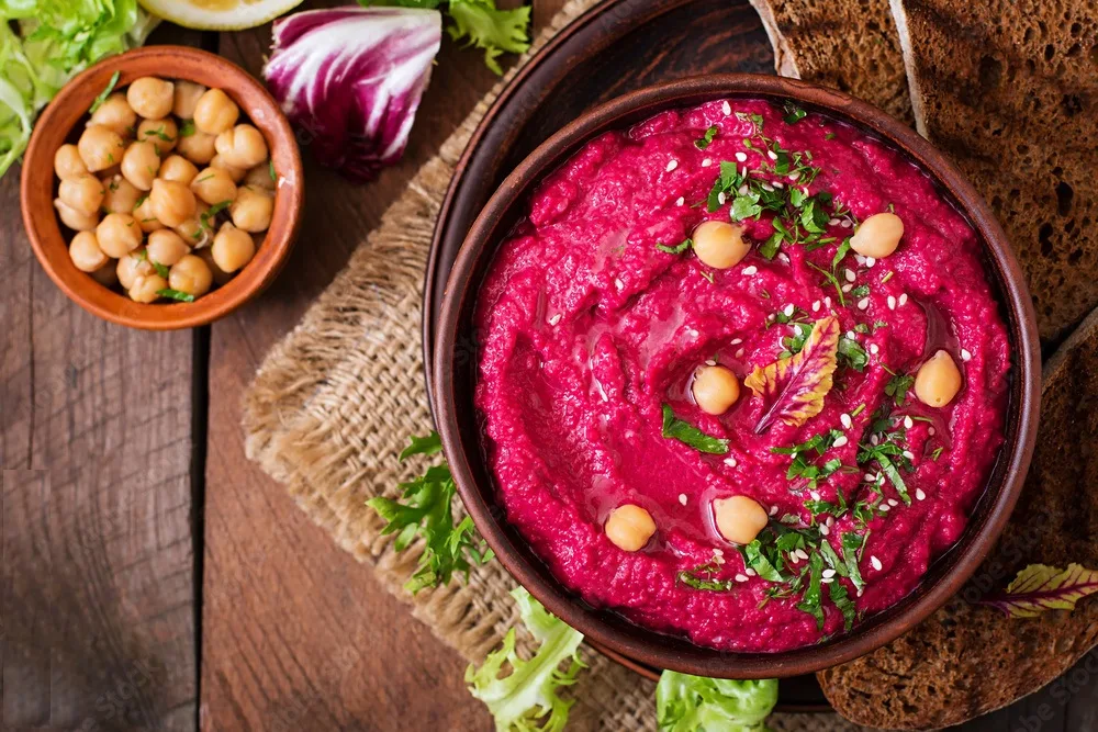 roasted beet hummus and chickpeas