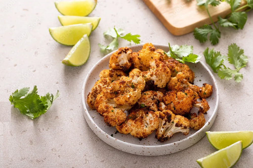 spicy oven roasted cauliflower served with lime and cilantro