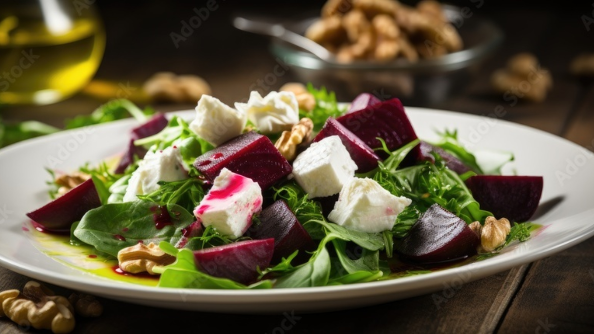 Wholesome Mediterranean Salad Recipe with Goat Cheese, Beetroot, Walnuts, Olive Oil, and Fresh Herbs